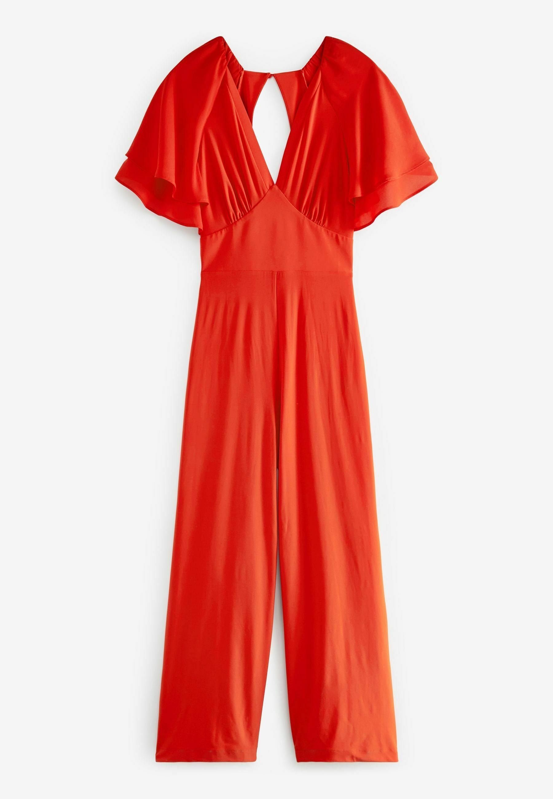Roter Jumpsuit mit kurzen, gerafften Ärmeln und einem Schlüssellochausschnitt auf der Rückseite. Glattes Material, weites Bein-Design und taillierter Oberteil. Minimale Hardware-Akzente.