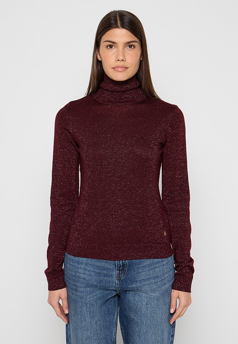 Weinroter Rollkragenpullover mit metallischem Glanz, langen Ärmeln und figurbetontem Schnitt. Hergestellt aus weichem, strukturiertem Stoff. Kleines Logodetail am Saum.