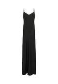 Schwarzes Maxikleid mit gerader Silhouette, dünnen verstellbaren Spaghettiträgern und einer glatten, eleganten Stofftextur.