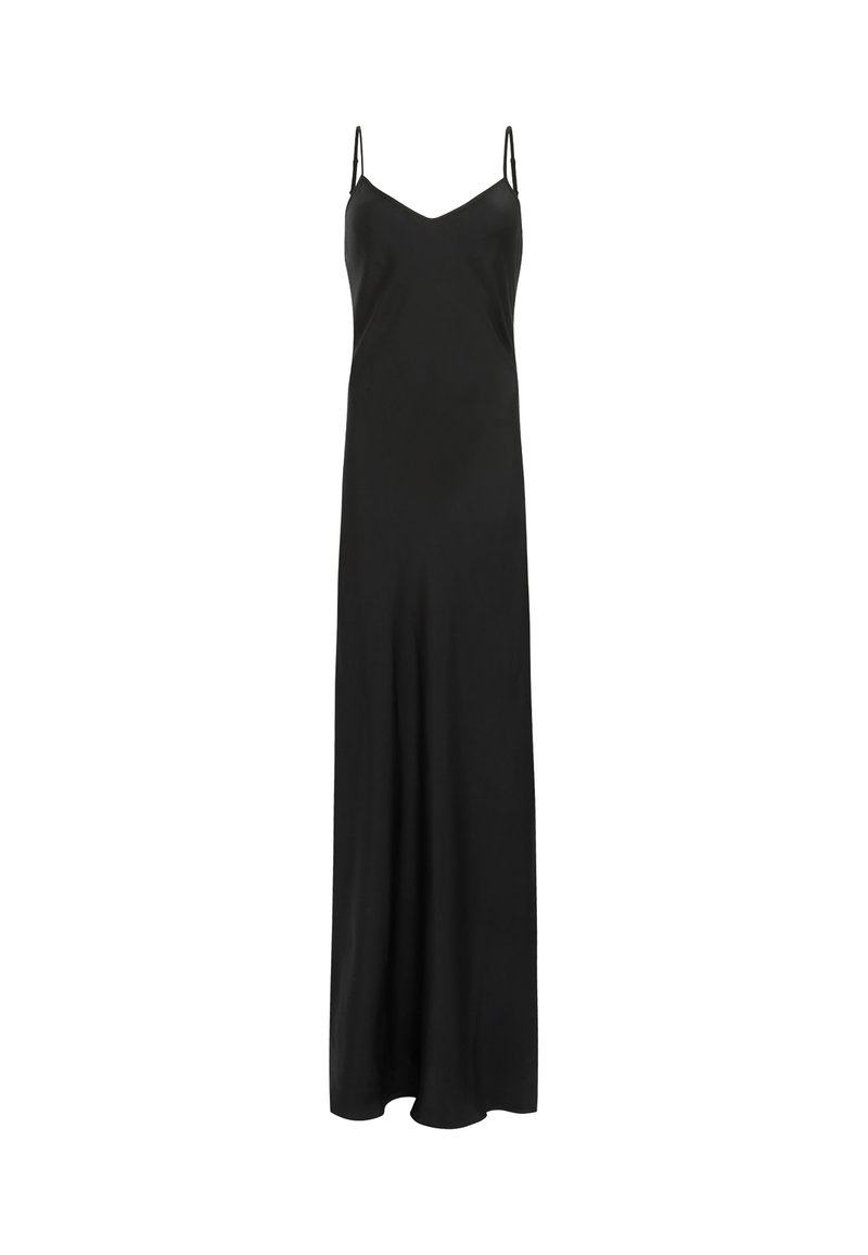 Schwarzes Maxikleid mit gerader Silhouette, dünnen verstellbaren Spaghettiträgern und einer glatten, eleganten Stofftextur.
