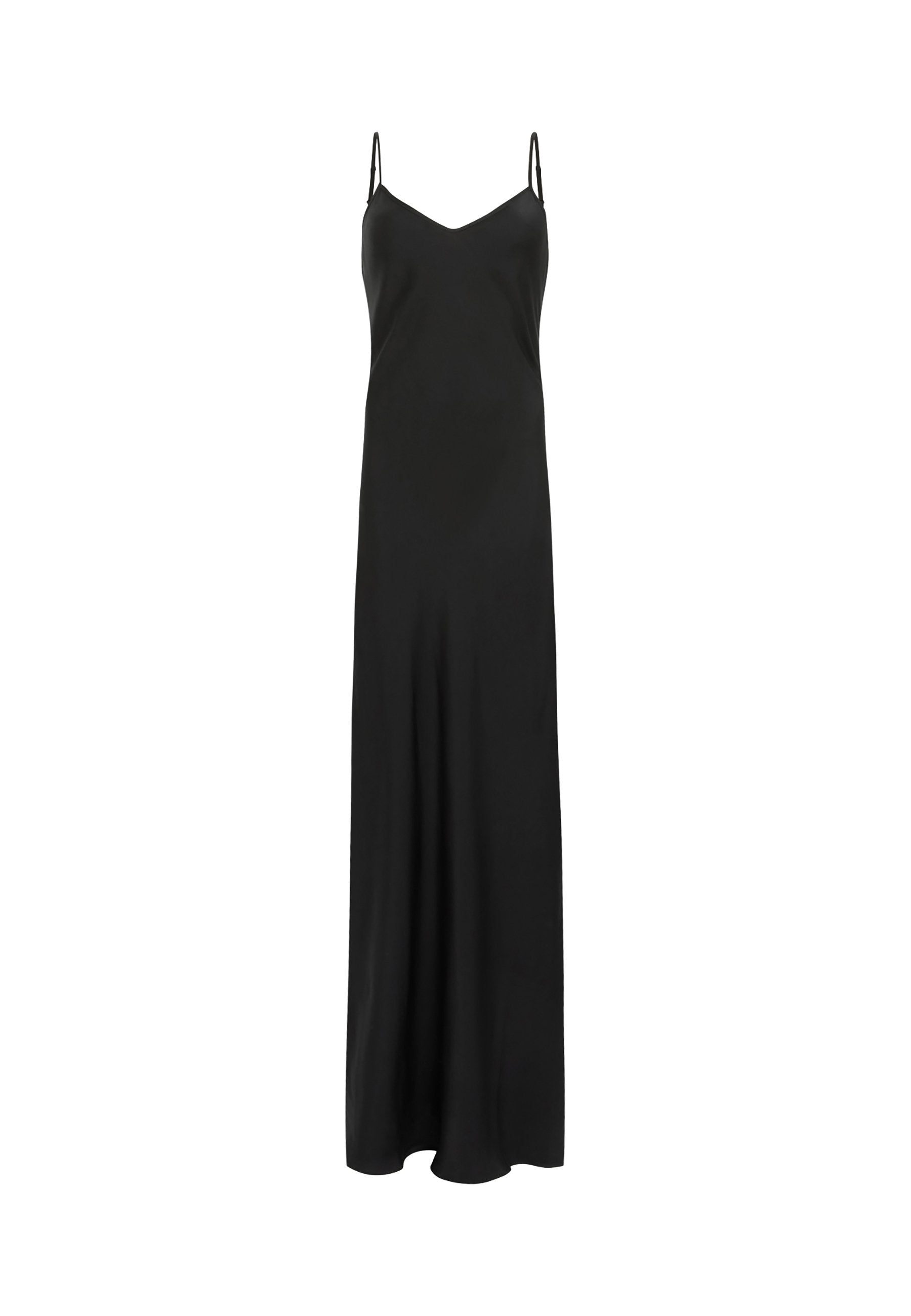 Schwarzes Maxikleid mit gerader Silhouette, dünnen verstellbaren Spaghettiträgern und einer glatten, eleganten Stofftextur.