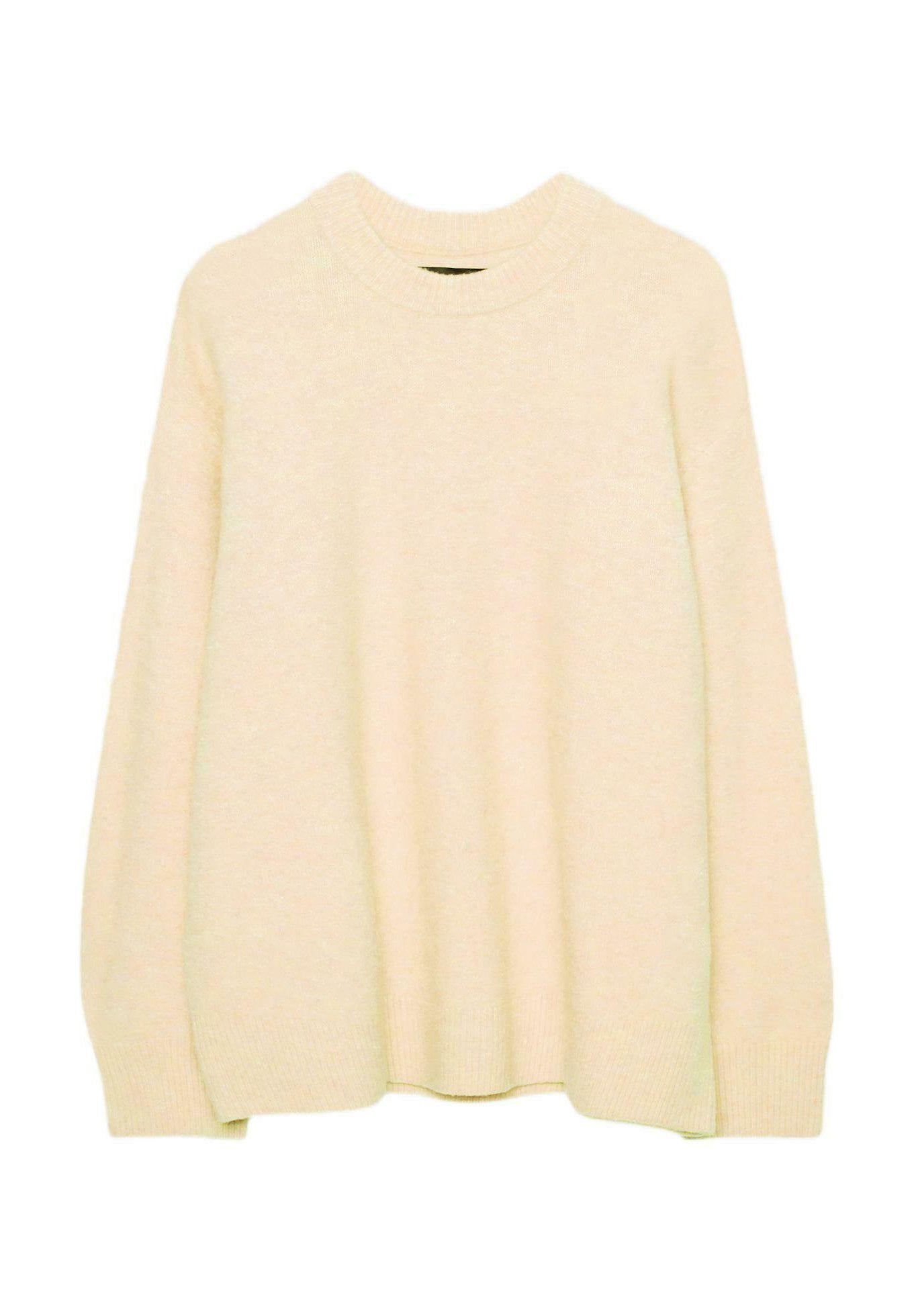 Cremefarbener, gestrickter Pullover mit rundem Ausschnitt, langen Ärmeln und lockerem Schnitt. Verfügt über gerippte Bündchen und Saum für zusätzliche Struktur.