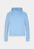 Hellblauer Pullover mit Kapuze, Raglanärmeln und einer Fronttasche. Verfügt über ein kleines Nike-Logo auf der linken Brust. Glatte Textur.