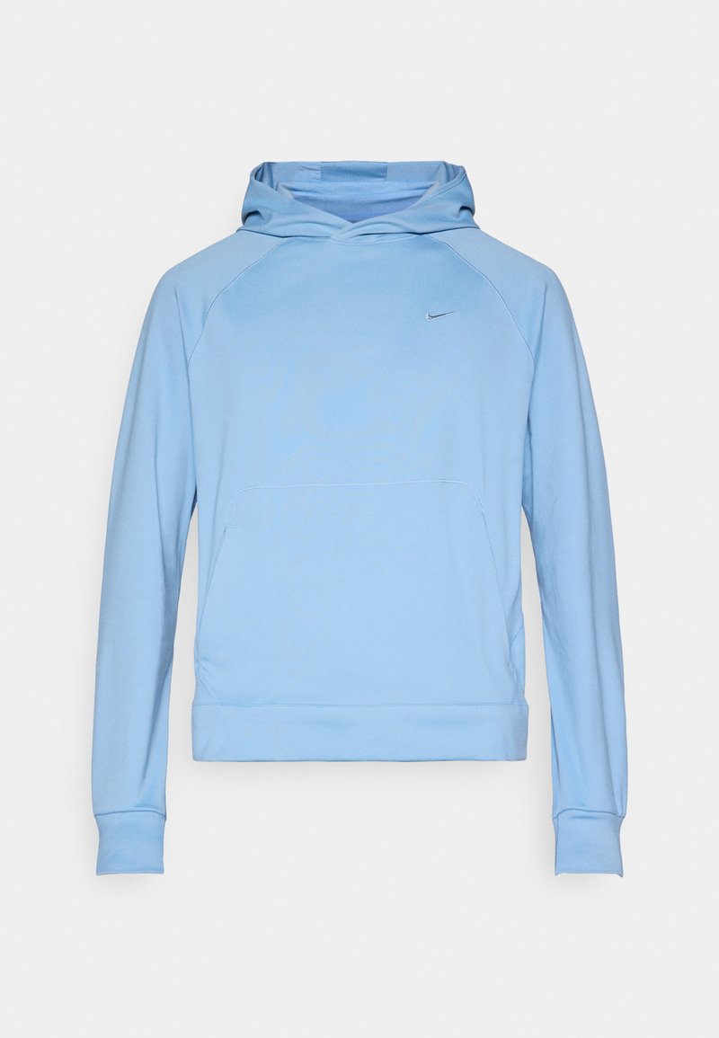 Hellblauer Pullover mit Kapuze, Raglanärmeln und einer Fronttasche. Verfügt über ein kleines Nike-Logo auf der linken Brust. Glatte Textur.