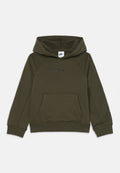 Olivgrüne Kapuzenjacke aus weichem Material, mit Kängurutasche, verstellbarem Kordelzug an der Kapuze und bedrucktem Text "PARIS" mit Nike-Logo auf der Vorderseite.
