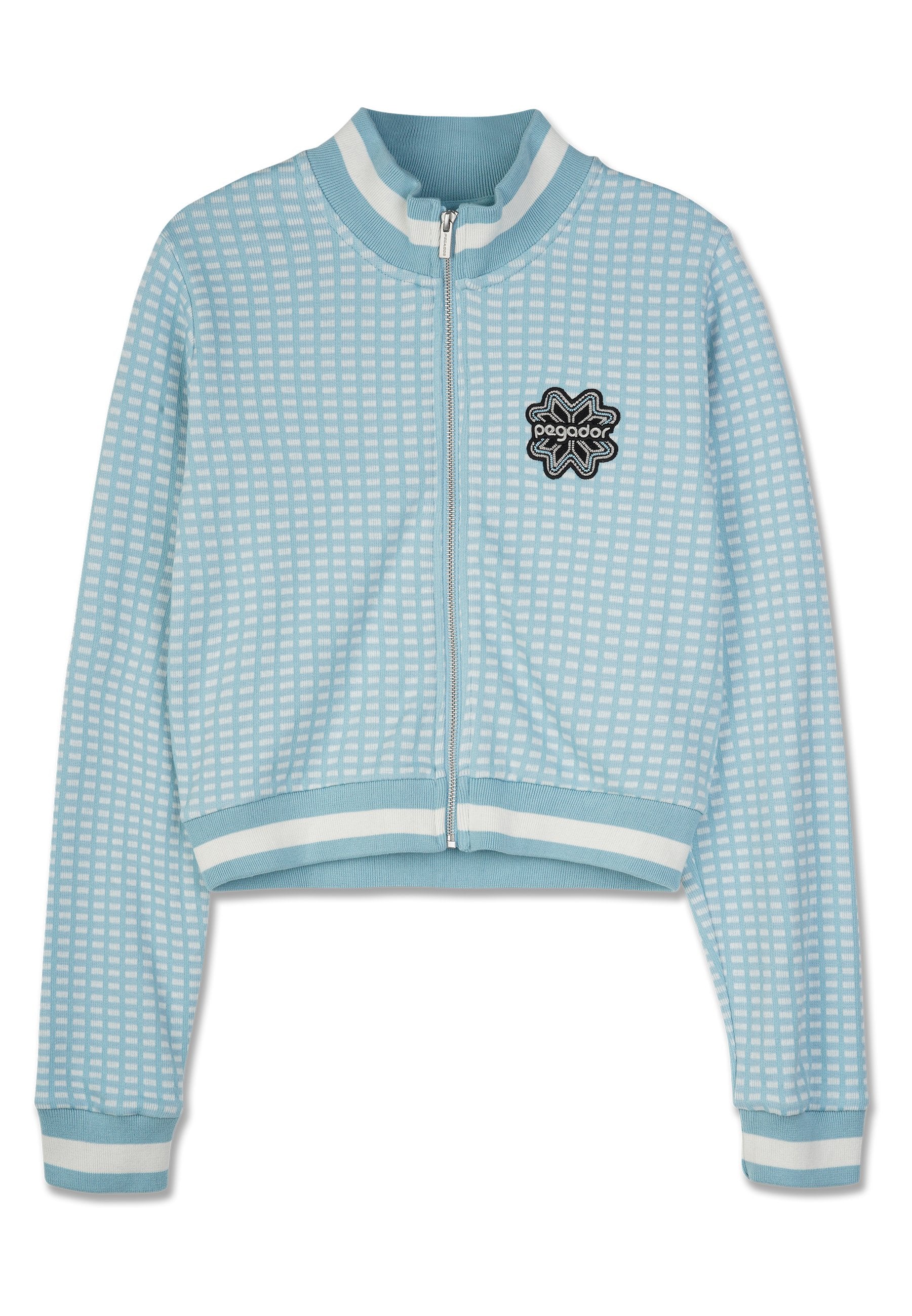 Gekürzte Reißverschlussjacke in Hellblau mit Schachbrettmuster, gerippten Bündchen und einem schwarzen Logo-Patch auf der Brust.