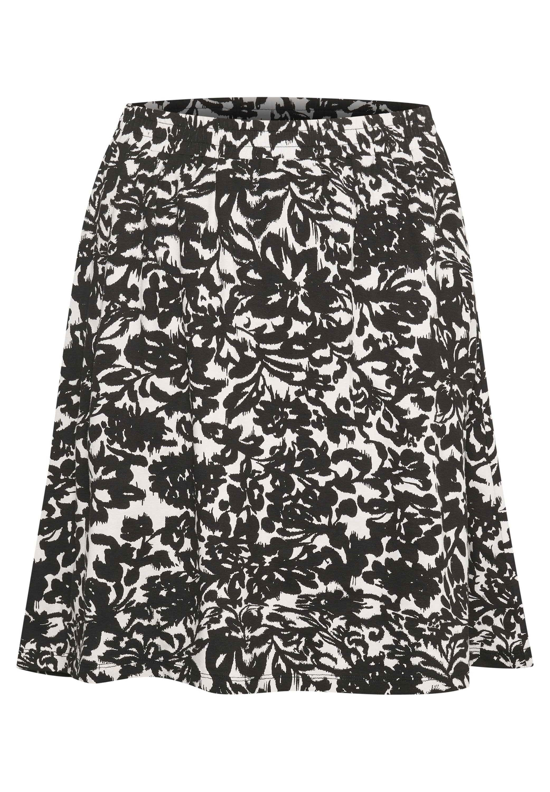 Schwarz-weißes Rock mit Blumenmuster und einem elastischen Bund. Der Stoff ist glatt und fällt knielang mit einer lockeren Form.