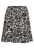 Schwarz-weißes Rock mit Blumenmuster und einem elastischen Bund. Der Stoff ist glatt und fällt knielang mit einer lockeren Form.