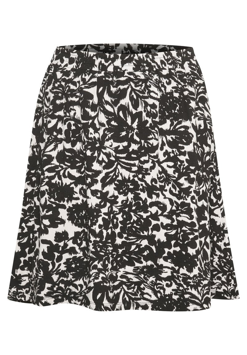 Schwarz-weißes Rock mit Blumenmuster und einem elastischen Bund. Der Stoff ist glatt und fällt knielang mit einer lockeren Form.