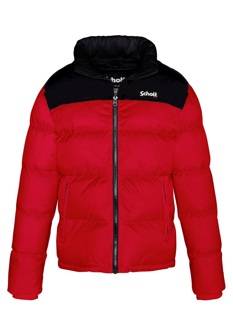 Rote Pufferjacke mit einem schwarzen, gepolsterten Kragen und Schultern. Sie verfügt über einen Frontreißverschluss, zwei seitliche Taschen und gesteppten Abschnitten zur Isolierung.