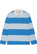 Blaues und hellblau gestreiftes Langarm-Poloshirt mit einem cremefarbenen Kragen und schlichter Knopfleiste. Weicher, strukturierter Baumwollstoff.