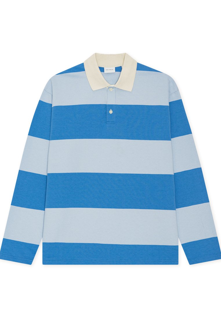 Blaues und hellblau gestreiftes Langarm-Poloshirt mit einem cremefarbenen Kragen und schlichter Knopfleiste. Weicher, strukturierter Baumwollstoff.