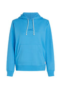 Blauer Kapuzenpullover aus weichem Material mit einer Fronttasche, Kordelzug und einem kleinen gestickten Logo. Gerippte Bündchen und Saum.