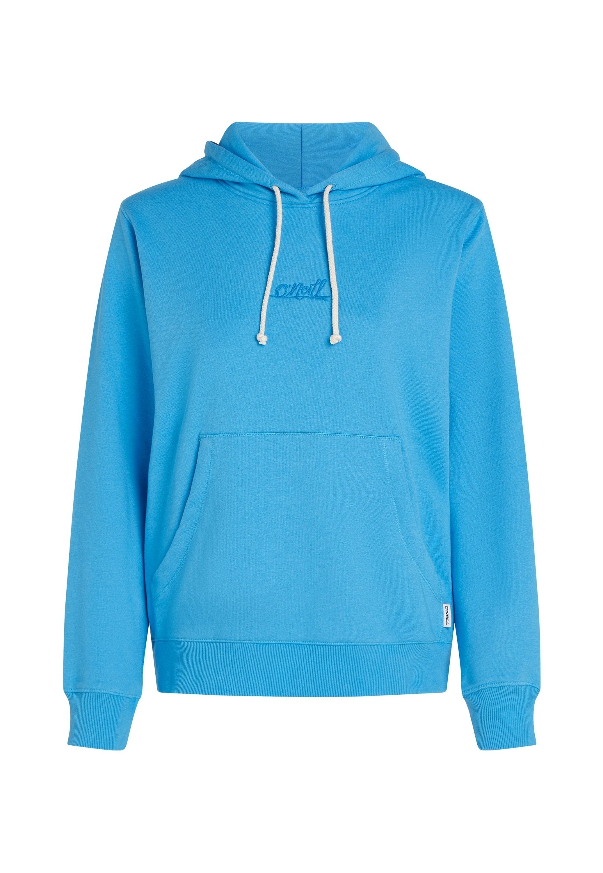 Blauer Kapuzenpullover aus weichem Material mit einer Fronttasche, Kordelzug und einem kleinen gestickten Logo. Gerippte Bündchen und Saum.