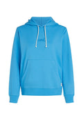 Blauer Kapuzenpullover aus weichem Material mit einer Fronttasche, Kordelzug und einem kleinen gestickten Logo. Gerippte Bündchen und Saum.