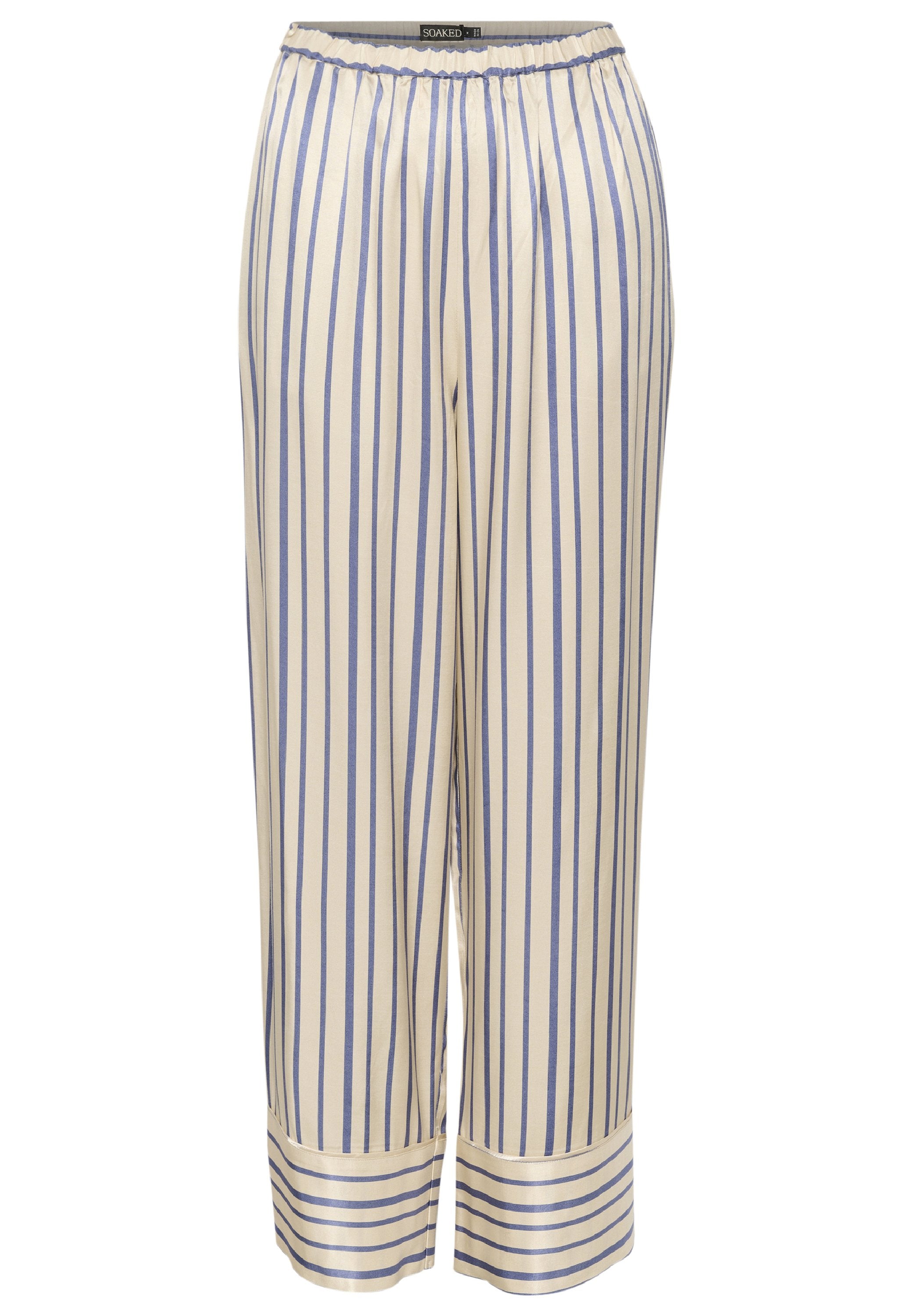 Gestreifte Schlafanzughosen in Creme und Blau, mit einem elastischen Bund und weitem Bein mit umgeschlagenem Saum, aus weichem Stoff gefertigt.
