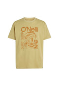 Hellbeiges Baumwoll-T-Shirt mit einem orangefarbenen Grafikdruck, der den Text "O'Neill Surf Shop EST. 1952" und ein surfbezogenes Design zeigt.