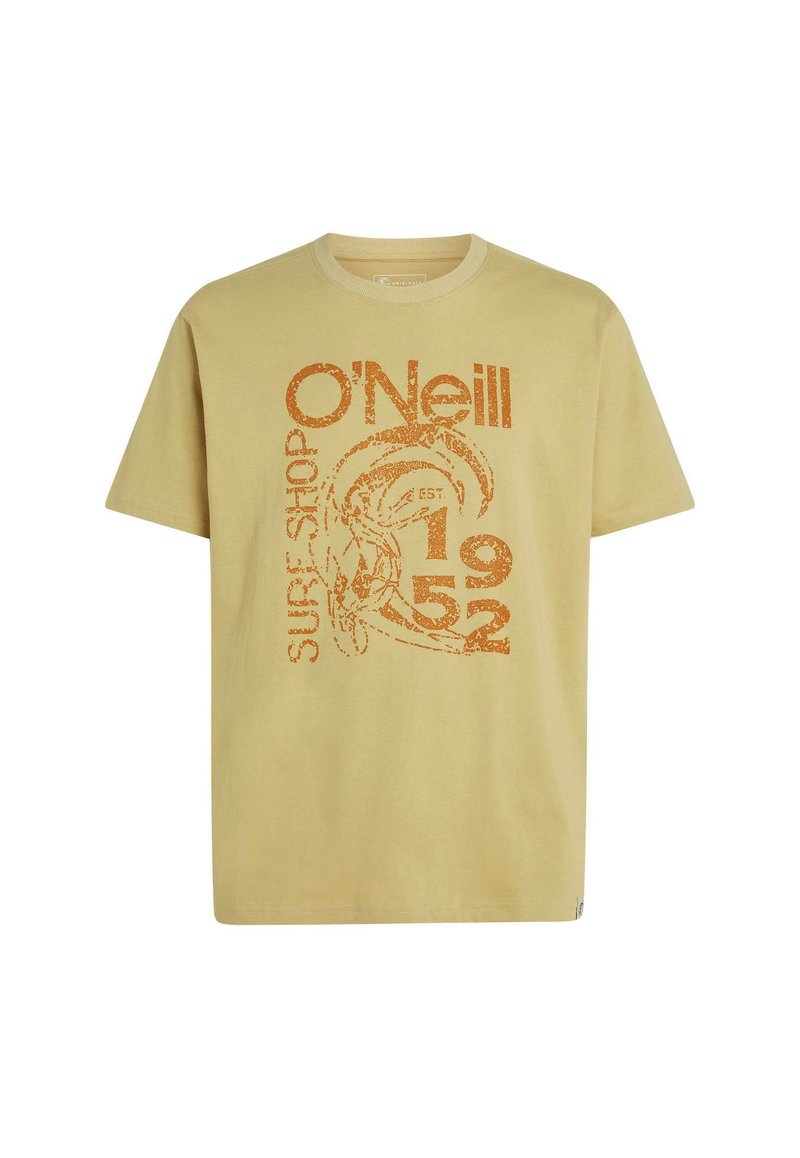 Hellbeiges Baumwoll-T-Shirt mit einem orangefarbenen Grafikdruck, der den Text "O'Neill Surf Shop EST. 1952" und ein surfbezogenes Design zeigt.