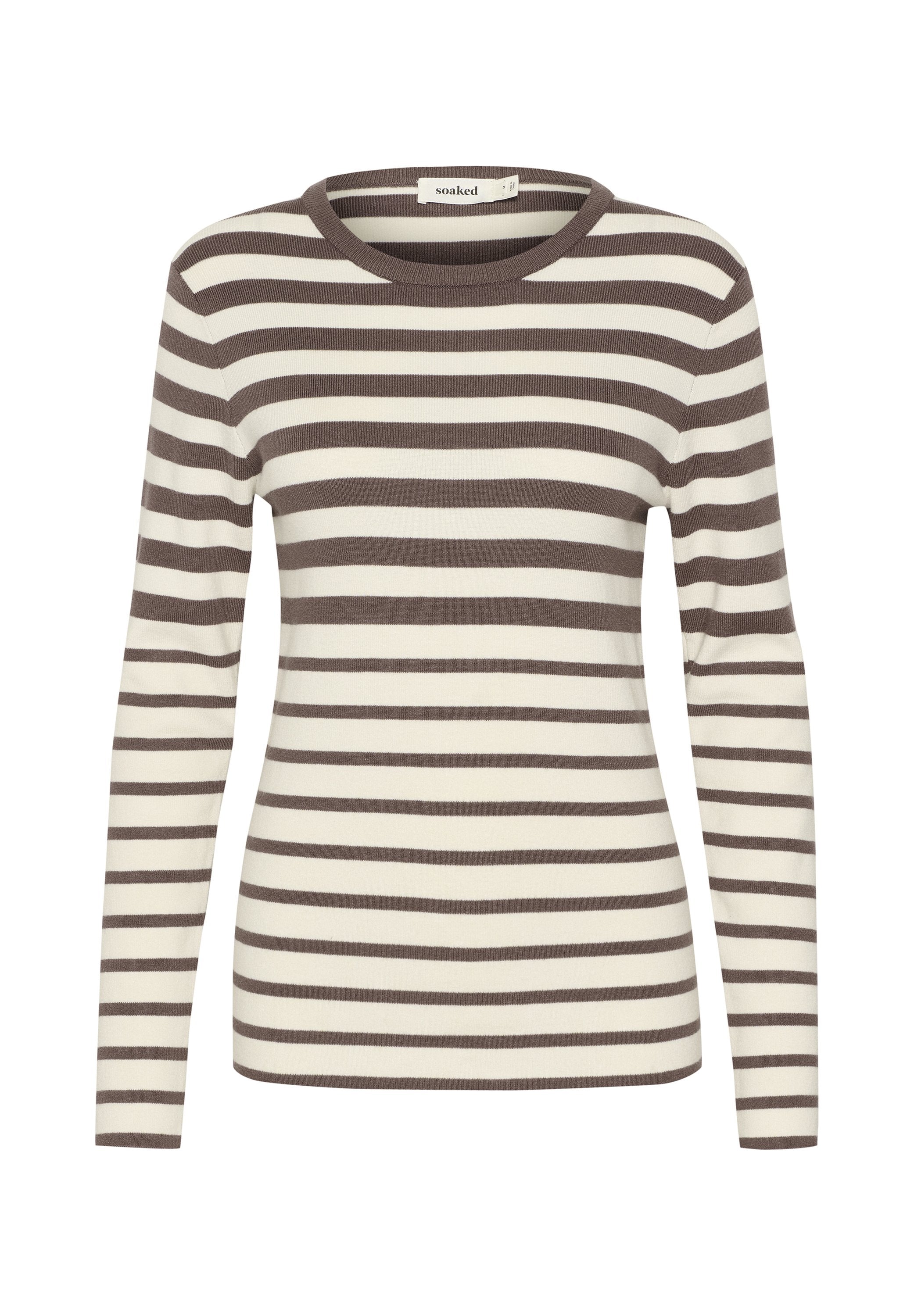 Langärmliges Strickoberteil mit creme- und braunfarbenen horizontalen Streifen, runder Ausschnitt, taillierte Passform, aus weichem, strukturiertem Stoff.
