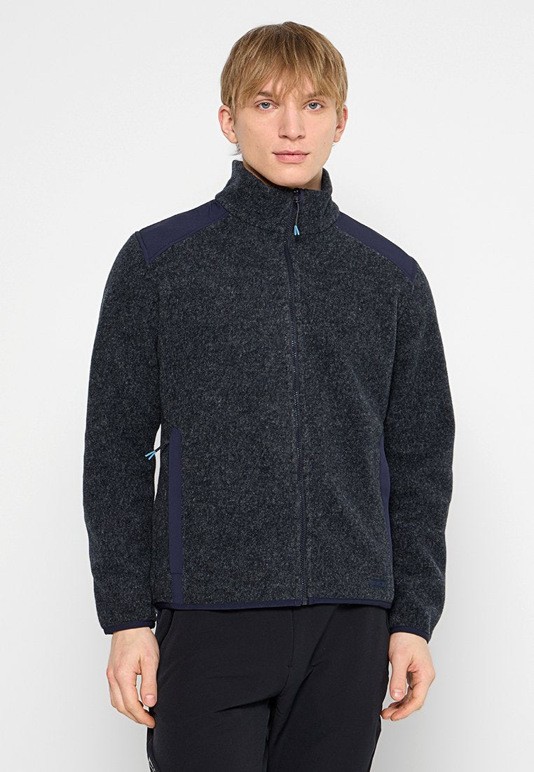 Dunkelgraue Fleecejacke mit hohem Kragen, Reißverschluss und marineblauen Schulterakzenten. Verfügt über seitliche Taschen und eine strukturierte Oberfläche.