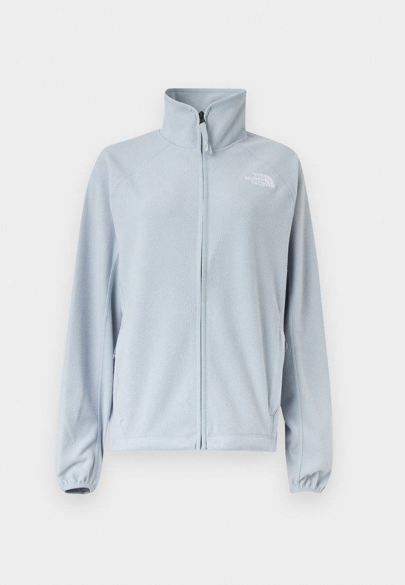 Hellblaue Fleecejacke mit durchgehendem Frontreißverschluss, hohem Kragen, Seitentaschen, elastischen Bündchen und kleinem Logo auf der linken Brust.