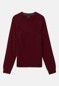 Burgunderfarbener Pullover mit Rundhalsausschnitt, langen Ärmeln und gerippten Bündchen. Hergestellt aus weichem Material mit einer strukturierten Oberfläche und dezenten Nähten.