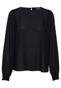 Schwarze Bluse mit langen Ärmeln aus durchsichtigem Stoff, mit einem subtilen Rautenmuster, runder Ausschnitt und elastischen Manschetten sowie einem Schlitz im Rücken.