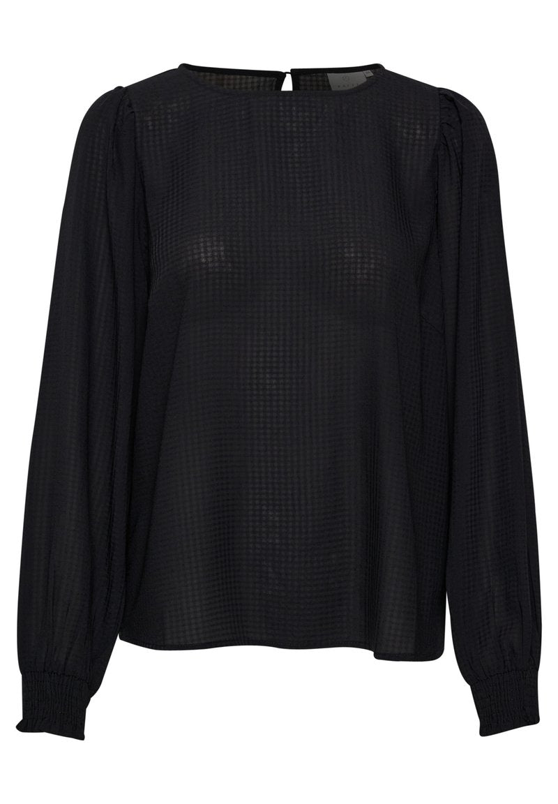 Schwarze Bluse mit langen Ärmeln aus durchsichtigem Stoff, mit einem subtilen Rautenmuster, runder Ausschnitt und elastischen Manschetten sowie einem Schlitz im Rücken.