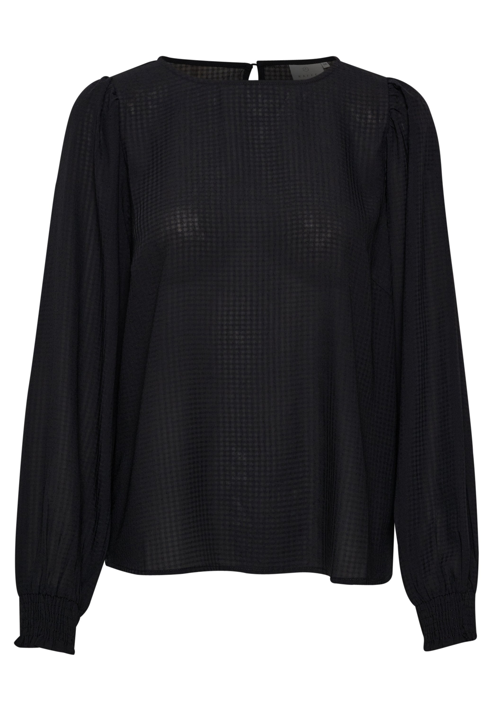 Schwarze Bluse mit langen Ärmeln aus durchsichtigem Stoff, mit einem subtilen Rautenmuster, runder Ausschnitt und elastischen Manschetten sowie einem Schlitz im Rücken.