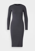 Figurbetontes langärmeliges Kleid aus dunkelgrauem Rippstoff mit Rundhalsausschnitt, knielangem Saum und glatter Textur. Keine sichtbaren Beschläge.