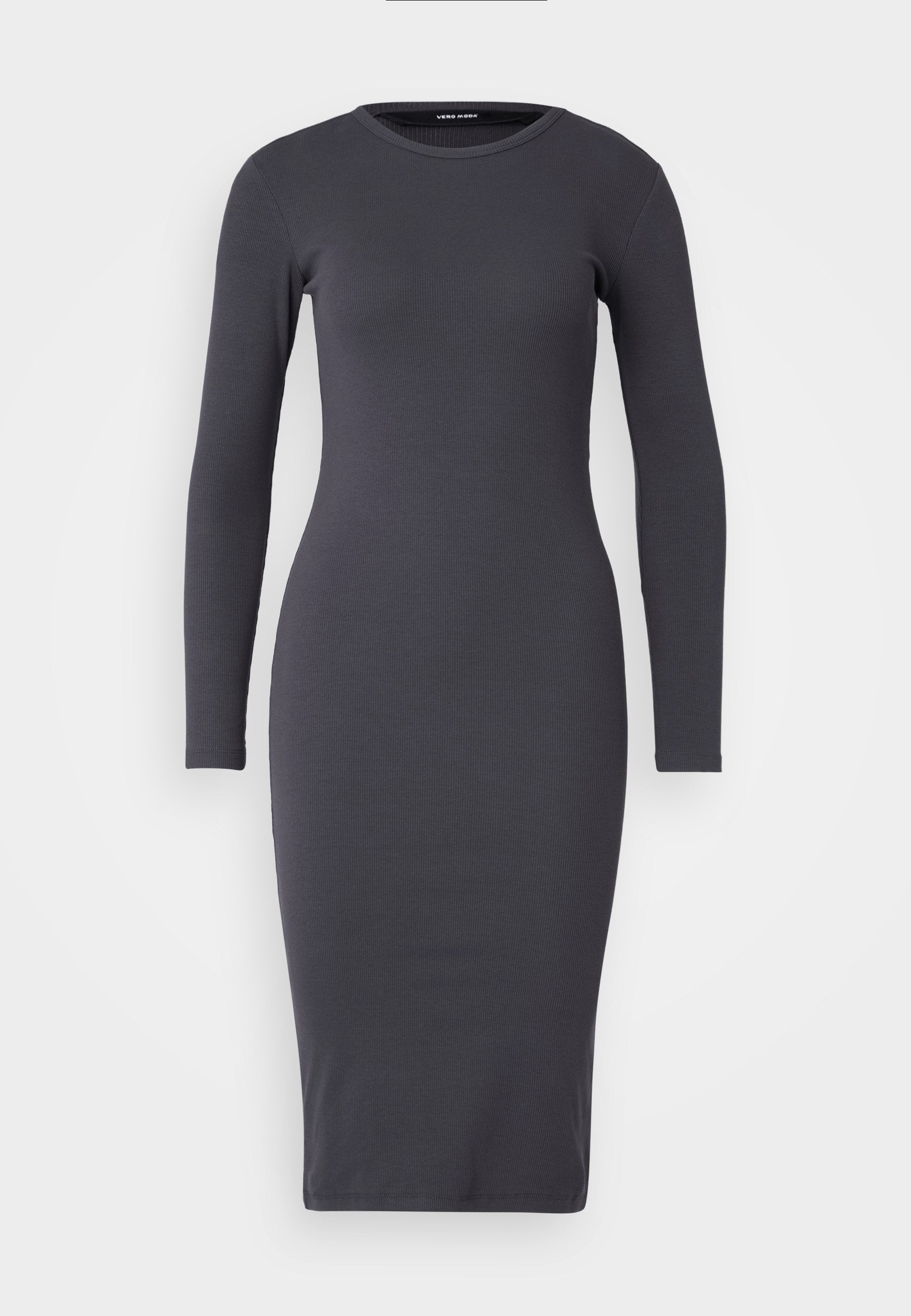 Figurbetontes langärmeliges Kleid aus dunkelgrauem Rippstoff mit Rundhalsausschnitt, knielangem Saum und glatter Textur. Keine sichtbaren Beschläge.