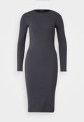 Figurbetontes langärmeliges Kleid aus dunkelgrauem Rippstoff mit Rundhalsausschnitt, knielangem Saum und glatter Textur. Keine sichtbaren Beschläge.