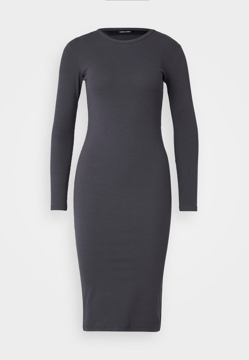 Figurbetontes langärmeliges Kleid aus dunkelgrauem Rippstoff mit Rundhalsausschnitt, knielangem Saum und glatter Textur. Keine sichtbaren Beschläge.