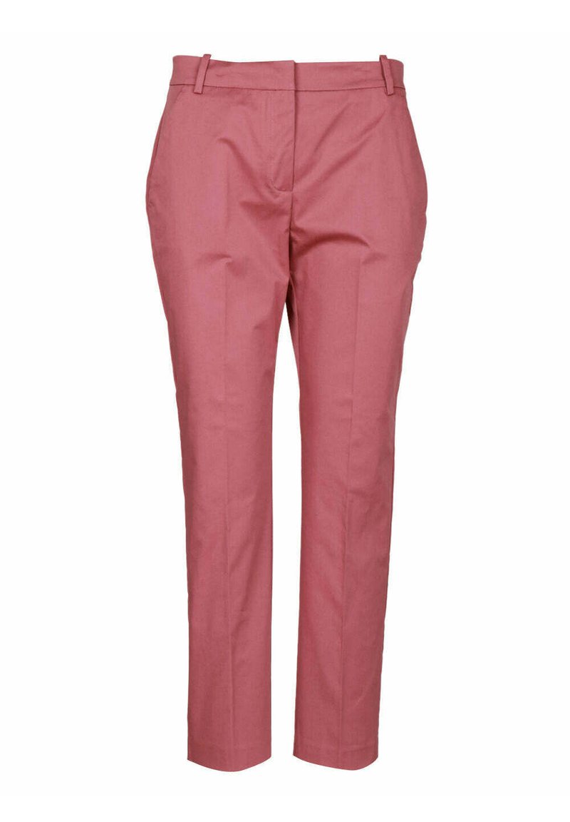 Rosa maßgeschneiderte Hose aus einem Baumwollmischgewebe. Sie hat eine schmale Passform, Gürtelschlaufen, Vorderfalten sowie Vorder- und Gesäßtaschen.