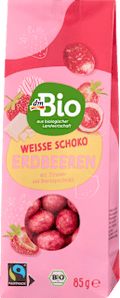 Erdbeeren in weißer Zitronenschokolade mit Beerenpulver dmBio