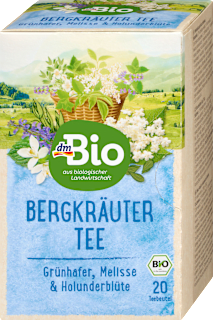 Kräutertee Bergkräuter mit Grünhafer, Melisse & Holunderblüte (20 Beutel) dmBio