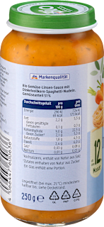 Menü Dinkelspaghetti mit Linsenbolognese, ab dem 12.Monat  dmBio