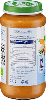 Menü Gemüse mit Dinkelnudeln und Mozzarella ab dem 12. Monat dmBio