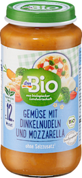 Menü Gemüse mit Dinkelnudeln und Mozzarella ab dem 12. Monat dmBio