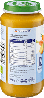 Menü Karotten-Gemüse mit Kartoffeln und Rind ab dem 12. Monat dmBio
