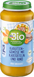 Menü Karotten-Gemüse mit Kartoffeln und Rind ab dem 12. Monat dmBio