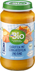 Menü Karotten mit Süßkartoffeln und Rind ab dem 8. Monat dmBio