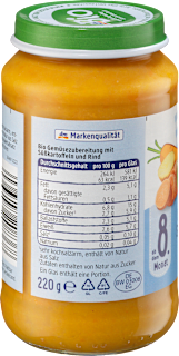 Menü Karotten mit Süßkartoffeln und Rind ab dem 8. Monat dmBio