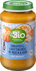 Menü Süßkartoffel-Karottengemüse mit Nudeln und Huhn, ab dem 8. Monat dmBio