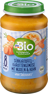 Menü Süßkartoffel-Karottengemüse mit Nudeln und Huhn, ab dem 8. Monat dmBio