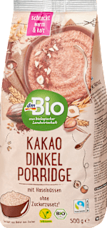 Porridge, Kakao Dinkel mit Haselnüssen dmBio