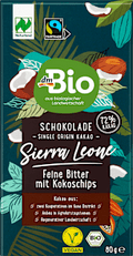Schokolade, "Sierra Leone" Feine Bitter mit Kokoschips dmBio