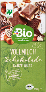 Schokolade, Vollmilch Schokolade ganze Haselnuss 20 % dmBio