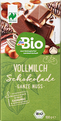 Schokolade, Vollmilch Schokolade ganze Haselnuss 20 % dmBio