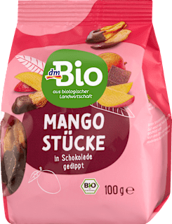 Trockenfrüchte, Mangostück in Schokolade gedippt dmBio